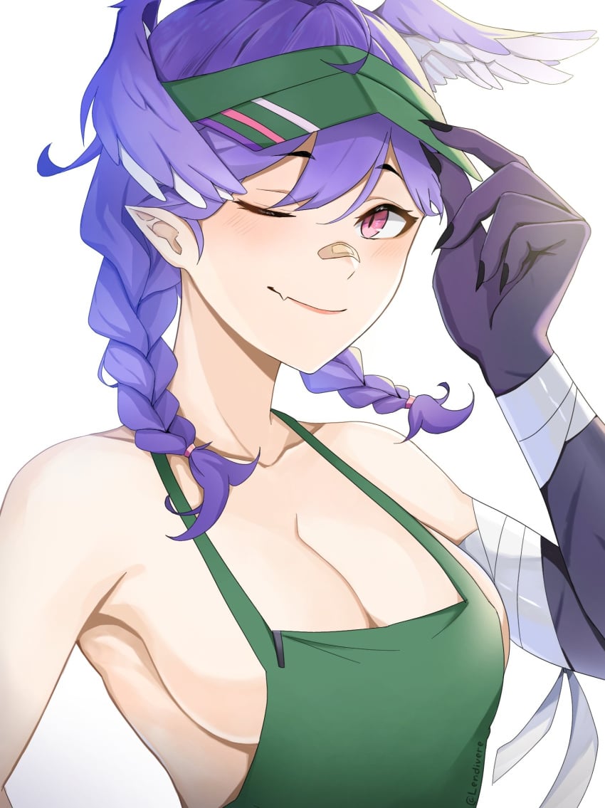 apron armwear big_breasts breasts cap dragon_girl hair_wings iced_latte_with_breast_milk lendivere meme naked_apron nijisanji nijisanji_en no_bra one_eye_closed pointy_ears purple_hair selen_tatsuki smile virtual_youtuber watermark white_background