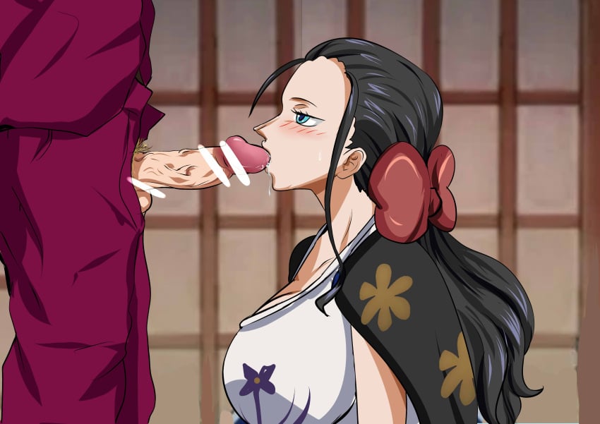 bar_censor big_breasts black_hair blowjob blowjob_face blue_eyes blush busty censored fellatio fellatio_face female hi_res highres light-skinned_female light_skin long_hair male nico_robin one_piece oral oral_sex orobi sanji sucking sucking_penis takebuchi vinsmoke_sanji