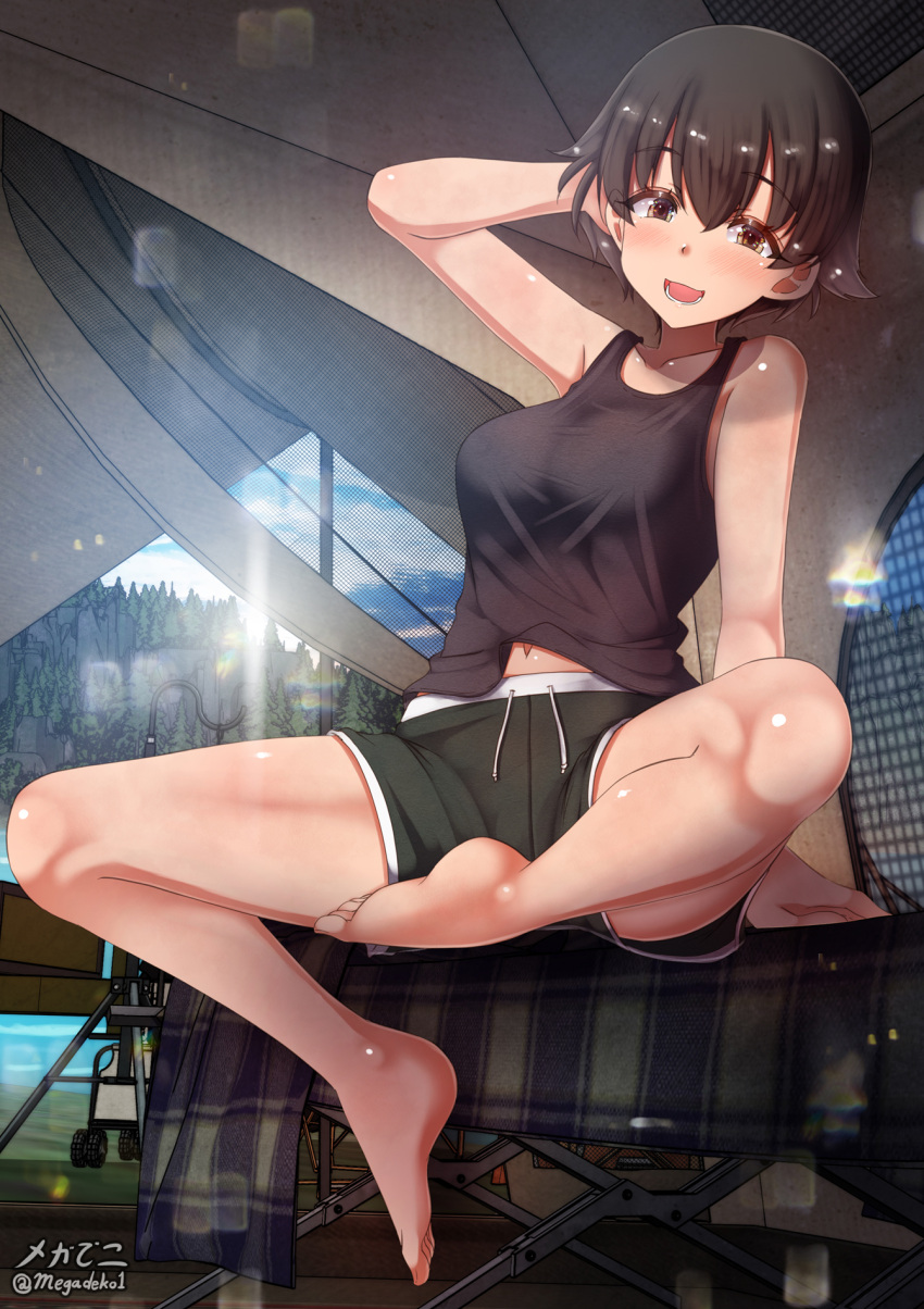 aquaegg barefoot black_hair black_tank_top blush breasts brown_eyes female girls_und_panzer green_shorts isobe_noriko large_breasts looking_at_viewer navel open_mouth short_hair shorts smile solo tank_top