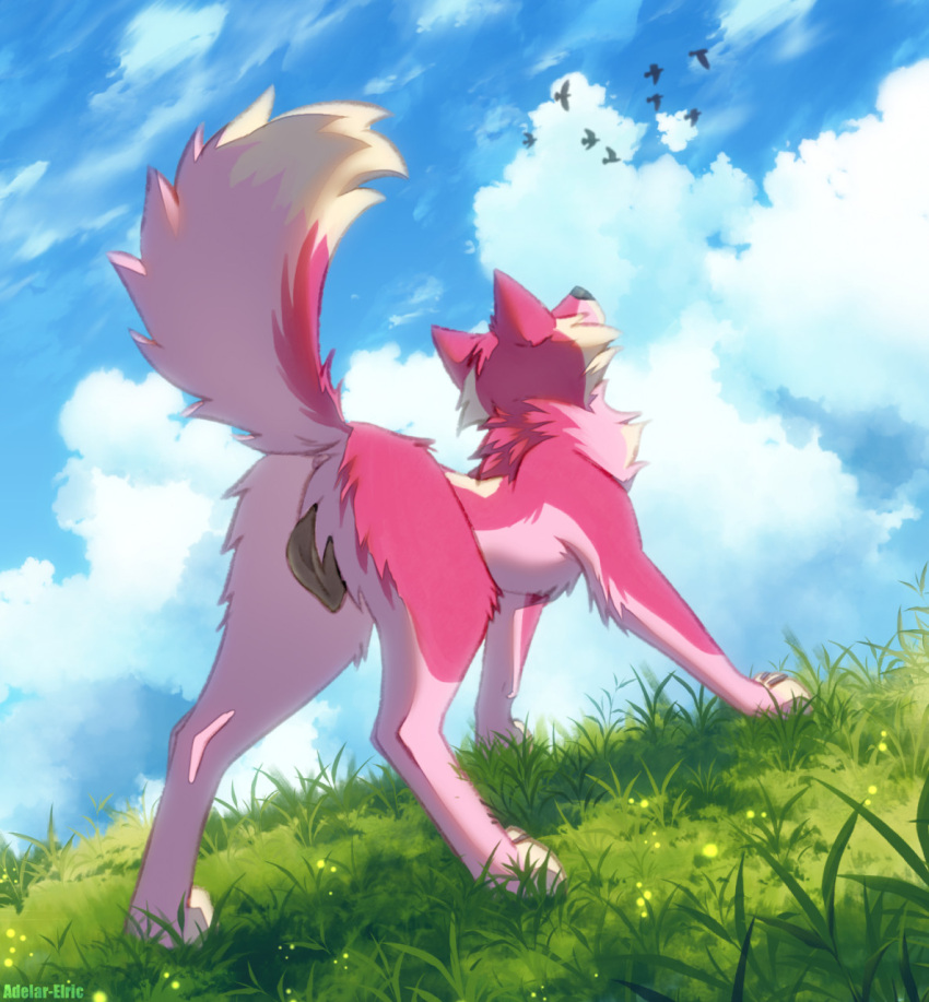 adelar_elric animal_genitalia animal_pussy avian big_pussy bird canid canine canine_pussy canis cloud feral fur genitals grass hi_res looking_up mammal pink_body pink_fur plant pussy raised_tail rear_view solo wolf