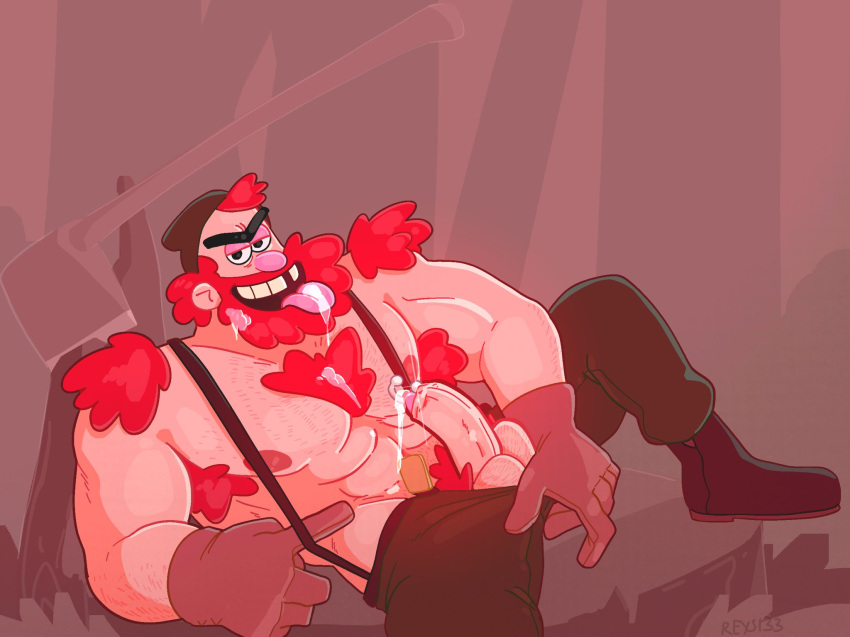 1boy boner cum cumming disney erect_penis erection gravity_falls hairy hands-free hard_on male male_only manly_dan muscles muscular muscular_male penis_out pierced_genitals pierced_penis pinkmustacheguy pointing_at_penis red_hair smooth_skin spread_legs teasing tongue_out