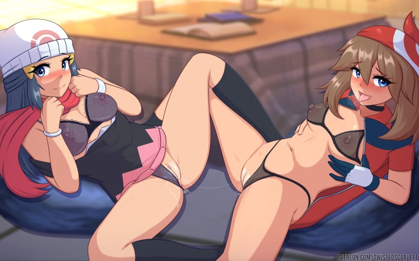 2girls bandana beanie_hat black_bra black_dress black_panties black_stockings blue_eyes blue_hair blush bottomless breasts brown_hair choker clitoris dawn_(pokemon) female female/female female_focus female_only female_pokemon_protagonist gloved_hands half-dressed hands_under_breasts lacy_bra lacy_panties may_(pokemon) multiple_girls nintendo nipples perky_breasts pink_nipples pokemon pokemon_dppt pokemon_protagonist pokemon_rse pussy pussy_juice_drip pussy_juice_trail red_jacket red_scarf scissor_position see-through_bra see-through_panties spread_legs thong tongue_out twistedscarlett60 underwear upskirt wet_pussy