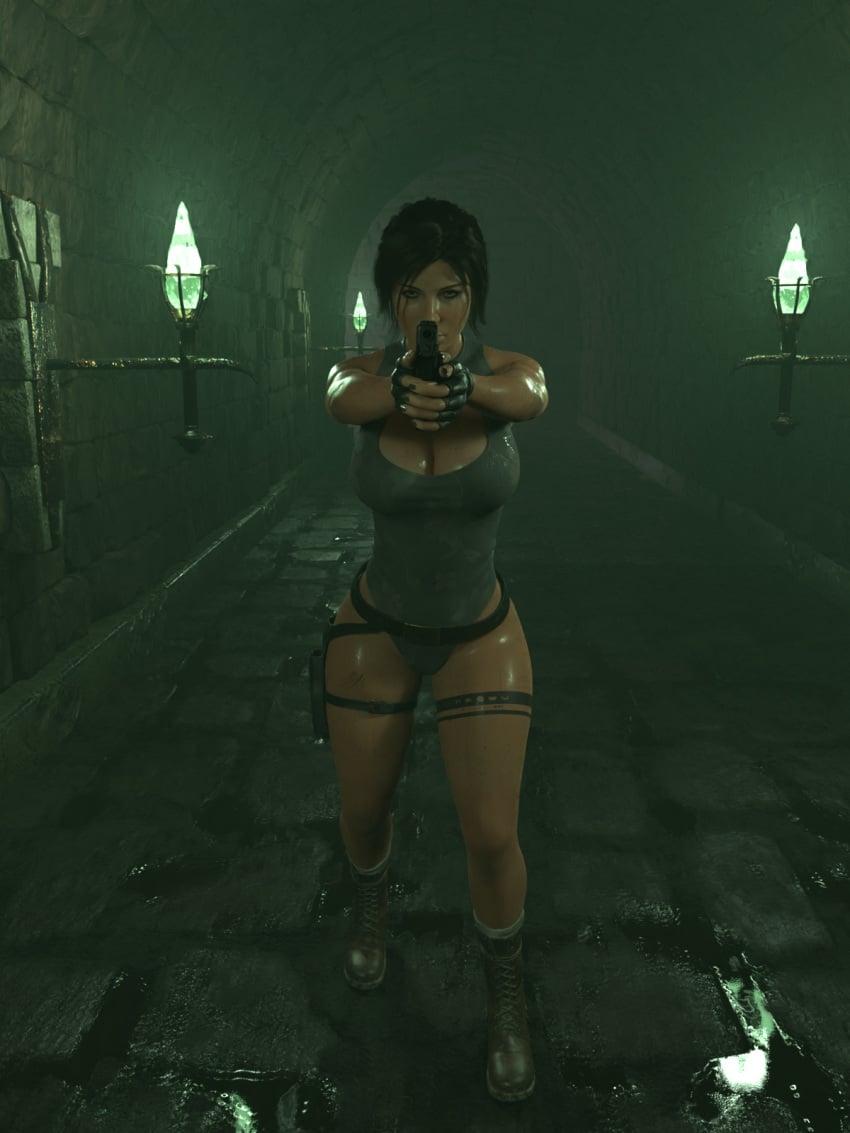 3d attacking_viewer belt blender breasts brown_hair dungeon female fighting firearm footwear green_eyes gun handgun handwear huge_breasts human lara_croft lara_croft_(survivor) large_breasts legwear long_hair ponytail sicipo6908 solo solo_female tattoo thick_thighs thighs tomb_raider weapon wide_hips