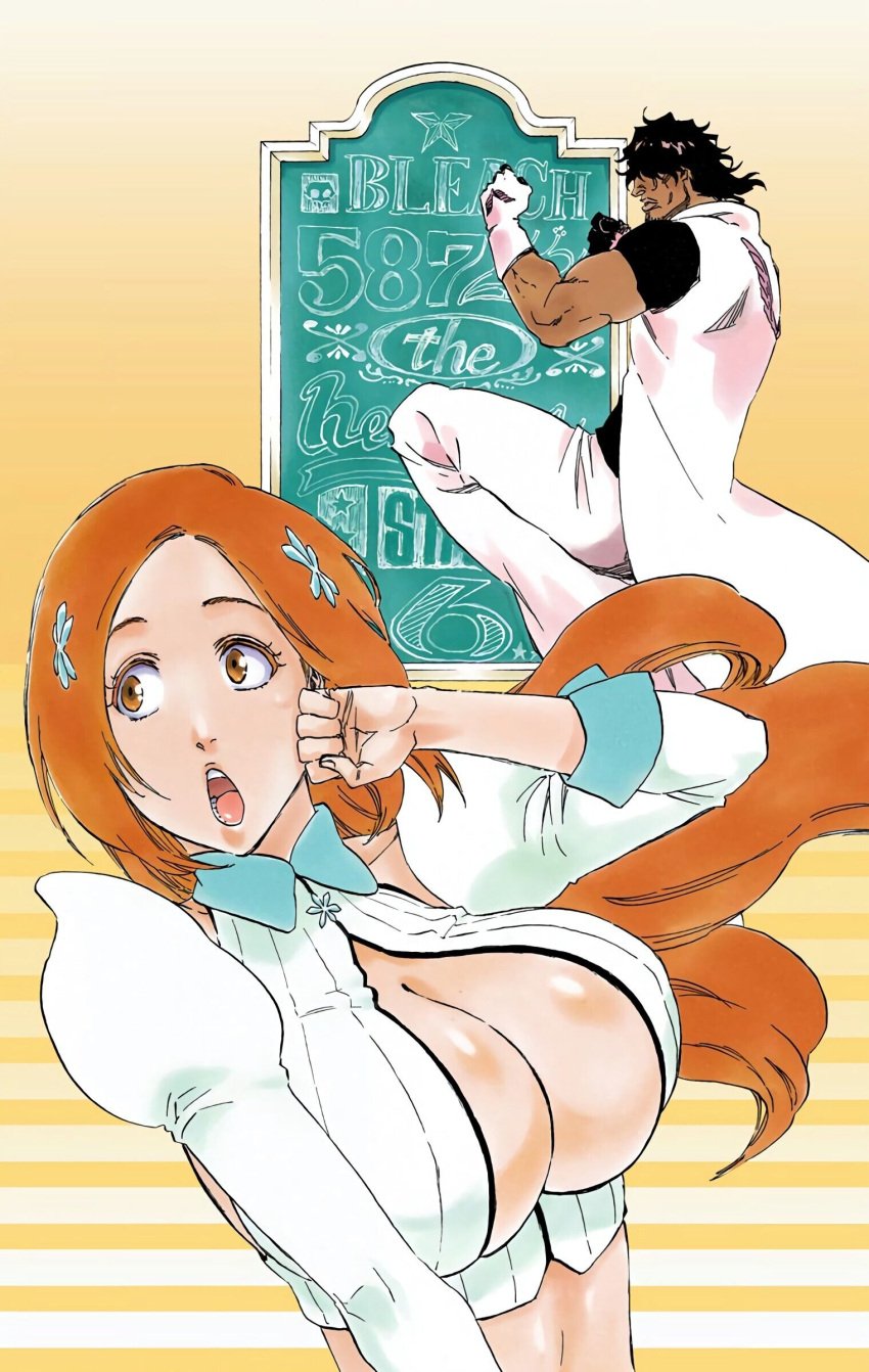 bleach cleavage crop_top huge_breasts inoue_orihime official_art open_mouth orange_hair tite_kubo yasutora_sado