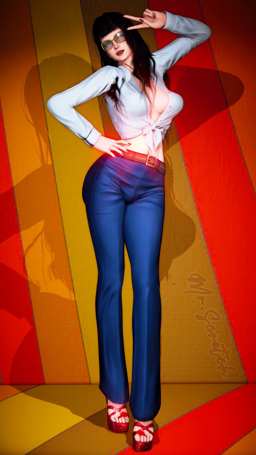 1970s_fashion 1girls 3d 3d_(artwork) bayonetta bayonetta_(character) button_down_shirt colorful_background female female_focus female_only fully_clothed hand_on_hip honey_select illusion_soft jeans misterscratch nail_polish open_toe_shoes peace_sign red_lipstick red_nails sandals solo solo_female straight_bangs studio_neo sunglasses tied_shirt toes_out