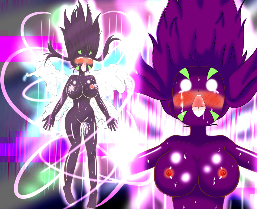 4_wings ahe_gao blush breasts completely_nude digimon digimon_frontier fairimon fairy fairy_wings fairymon floating floating_hair izumi_orimoto kazemon nipples open_mouth purple_skin red_nipples sweat transformation transformation_sequence white_eyes wings yaoya zoe_orimoto