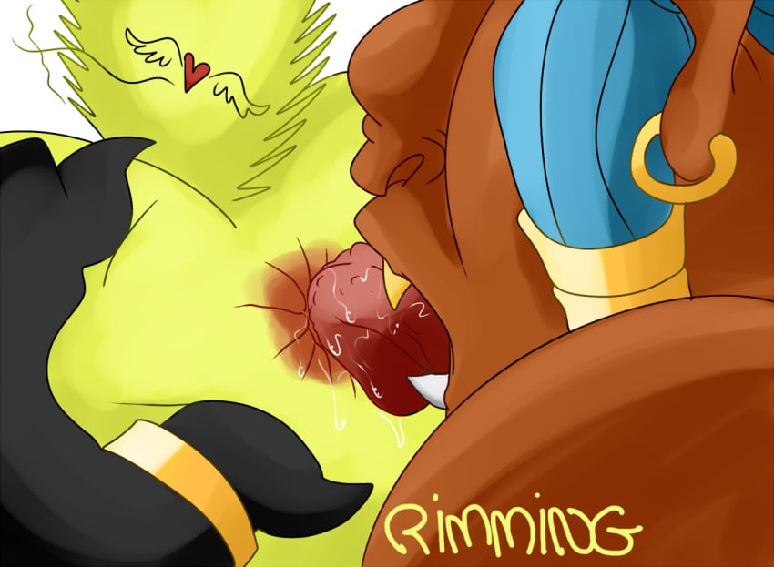 anus anus_focus ass blue_hair cofagrigus furry green_fur humanized licking long_hair lucario nelsonnoir pokemon pokemon_(species) pokemon_bw pokemon_dppt rimming ring sharp_teeth tail tan_skin tongue