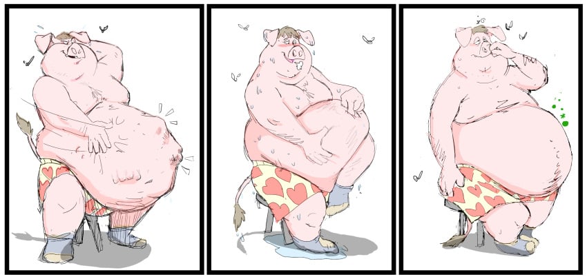 after_vore ambiguous_gender anthro arthropod belly_rub blush bodily_fluids body_outline boxers_(clothing) breath brown_hair clothed clothing digestion_noises dipteran domestic_pig duo eyebrows floppy_ears footwear furniture gus_(readyadsen) hair heart_boxers heart_underwear hi_res insects larger_pred male male/ambiguous male_only male_pred mammal mostly_nude obese onomatopoeia open_mouth overweight picking_nose pink_body readyadsen simple_background sitting size_difference smaller_ambiguous socks sound_effects stool suid suina sus_(pig) sweat text topless underwear vore white_background