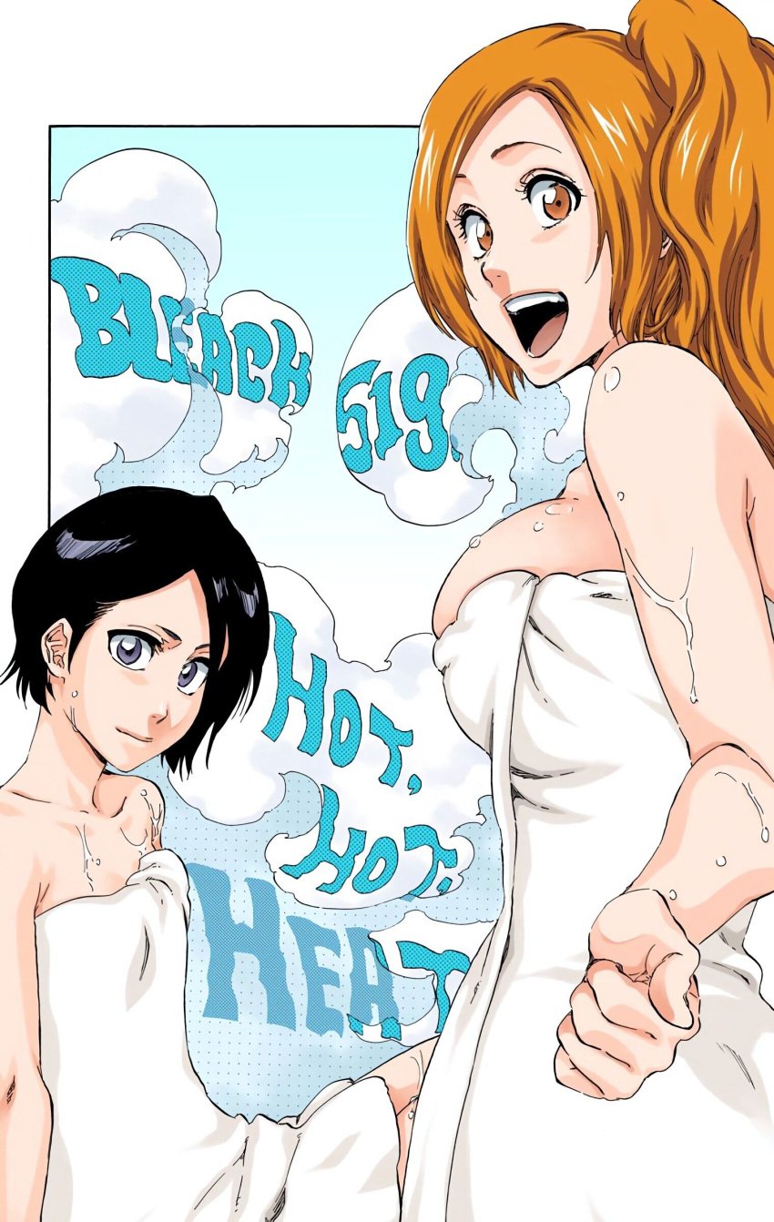 2girls big_breasts black_hair bleach huge_breasts inoue_orihime kuchiki_rukia large_breasts looking_at_viewer official_art open_mouth open_smile orange_hair short_hair small_breasts smile smiling smiling_at_viewer tite_kubo towel wet_skin