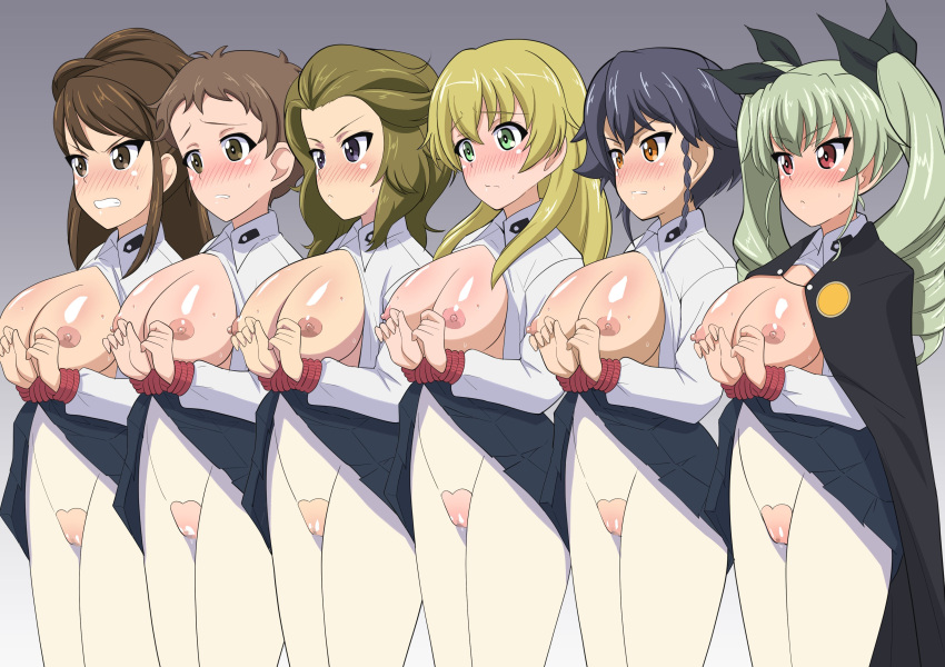 6girls amaretto_(girls_und_panzer) anchovy angry background_characters blonde_hair blue_eyes blush bologna_(girls_und_panzer) breasts breasts_out_of_clothes brown_eyes brown_hair carpaccio crotch_cutout crotchless_pantyhose embarrassed forced_exposure forced_presentation functionally_nude girls_und_panzer green_eyes grey_background grey_hair hair_ribbon hands_tied hands_together heart_cutout huge_breasts long_hair multiple_girls nipples orange_eyes panettone_(girls_und_panzer) pantyhose pepperoni_(girls_und_panzer) purple_hair red_eyes school_uniform shiny_skin short_hair side_ponytail simple_background skirt_lift skirt_up teenager teeth twin_drills uncensored vagina white_pantyhose yasuo_oekaki