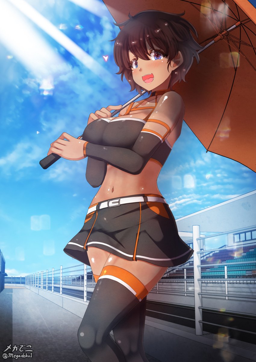 1girls aquaegg black_thighhighs blue_eyes blush breasts brown_hair female girls_und_panzer large_breasts midriff miniskirt navel open_mouth outdoors race_queen short_hair skirt smile solo standing suzuki_(girls_und_panzer) thighhighs umbrella