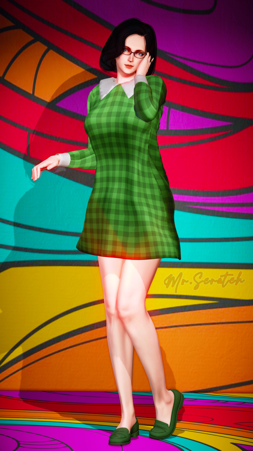 1960s_fashion 1girls 3d 3d_(artwork) bayonetta bayonetta_(character) colorful colorful_background female female_focus female_only fully_clothed glasses honey_select illusion_soft misterscratch solo studio_neo vintage_clothing