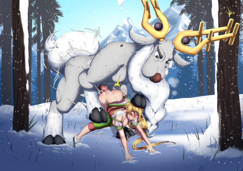 antlers cervid cervine duo female feral feral_penetrating feral_penetrating_human half_clothed horn human human_on_feral human_penetrated interspecies male male/female mammal nintendo penetration plant pokémon_(species) poképhilia pokemon pokephilia scarletgreninja snow trainer_aliyah tree video_games wyrdeer zoophilia