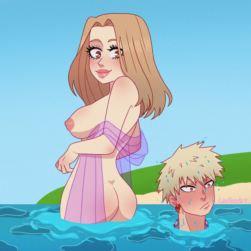 1boy 1girls ass beach blonde_hair blush breasts camie_utsushimi female in_water katsuki_bakugou lazyanart my_hero_academia nude_female outdoors outside seaside sideboob spiky_hair straight water