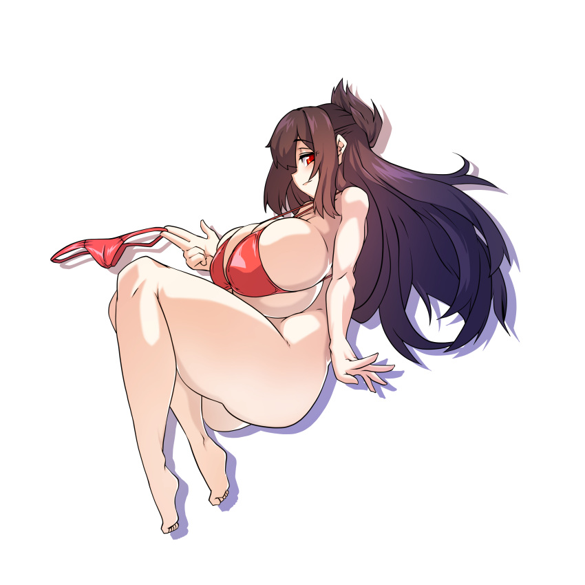 1girls 2022 big_breasts bikini bottomless brown_hair commission h_earth huge_breasts red_eyes solo solo_female swimsuit tagme thick thick_thighs white_background yuu_bit-na_(kindaichi109)