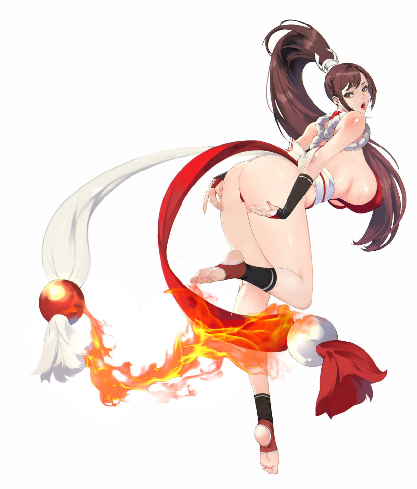 1girls absurd_res ass bobobong breasts brown_eyes brown_hair female female_only hi_res king_of_fighters large_breasts long_hair looking_at_viewer looking_back mai_shiranui sideboob solo thighs white_background