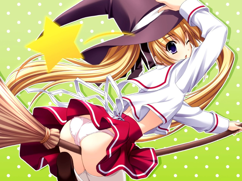 1girls ass blonde_hair broom broom_riding female flying_broom fujimiya_chisa gift_(game) gift_eternal_rainbow hat panties school_uniform seifuku serafuku skirt solo star straddle thighhighs underwear white_legwear white_panties witch