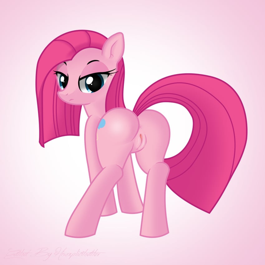 2015 anus ass blue_eyes cutie_mark edit equine female feral friendship_is_magic hair hi_res hisexpliciteditor horse long_hair looking_at_viewer looking_back mammal my_little_pony nude pink_hair pink_theme pinkamena_(mlp) pinkie_pie_(mlp) plain_background pony pussy pyruvate simple solo straight_hair tail