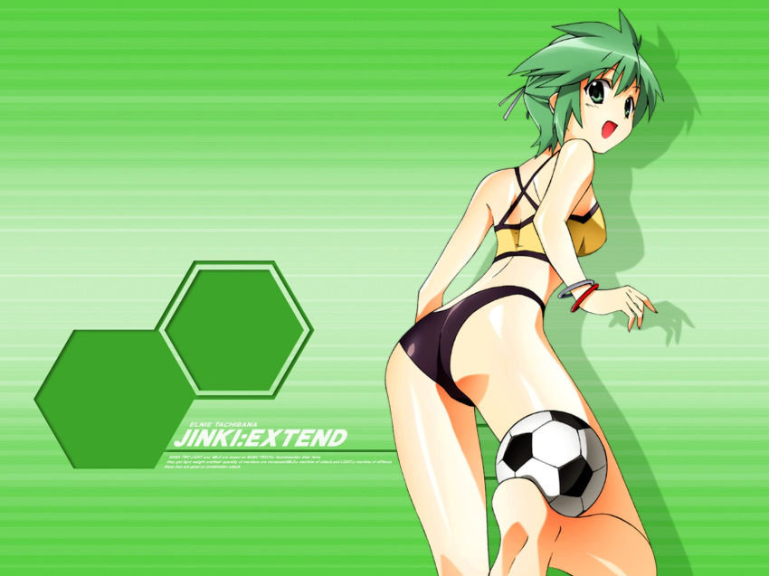 ass back ball bikini bracelet from_behind green_eyes green_hair highres jewelry jinki looking_back shadow short_hair soccer soccer_ball solo swimsuit tachibana_elnie telstar tsunashima_shirou wallpaper