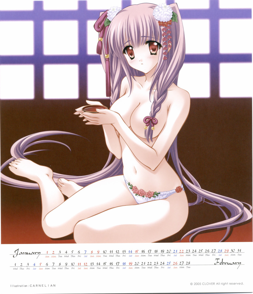 airi_(quilt) barefoot braid calendar_(medium) carnelian february_(month) feet frilled_panties frills highres january_(month) long_hair panties print_panties quilt quilt_(game) sake solo toes topless twin_braids two_side_up underwear underwear_only white_panties