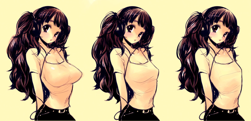 breasts cleavage comparison flat_chest goshiki_suzu headphones highres huge_breasts large_breasts long_hair original otogiri_mokutan sketch variations