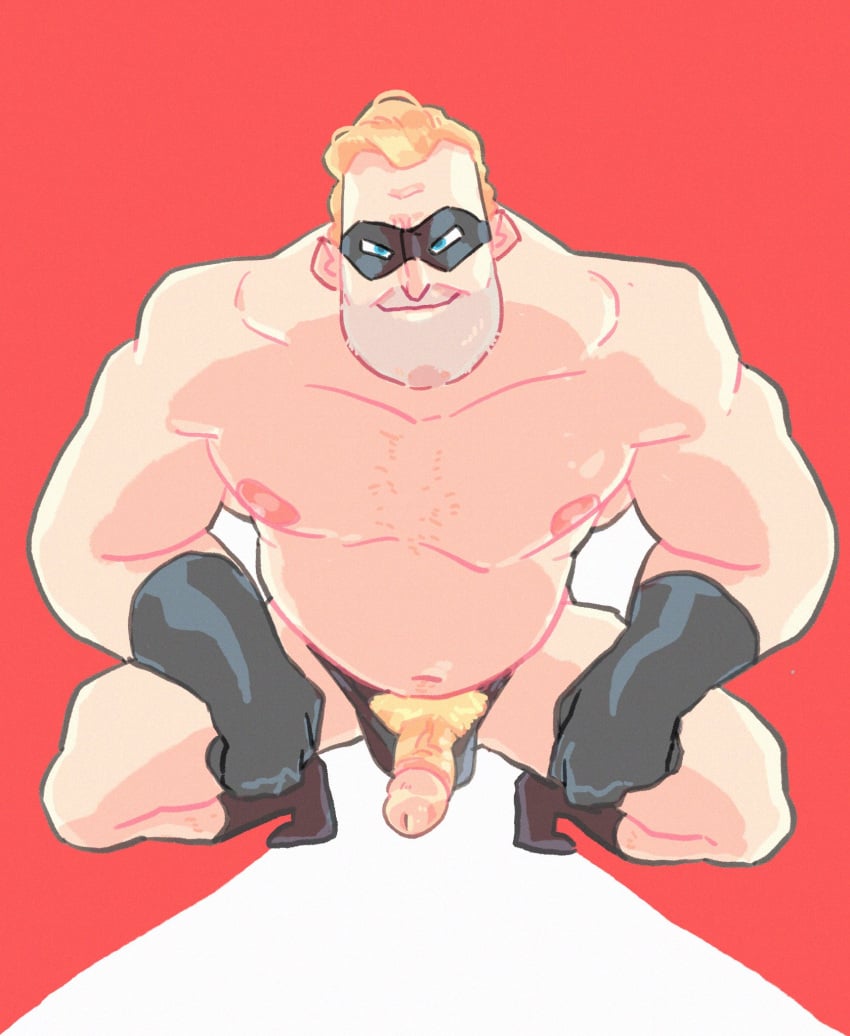 1boy boner circumcised dad_bod dilf disney erect_penis erection gloves hard_on male male_only masked mr._incredible muscles muscular muscular_male penis_out pinkmustacheguy pixar pubes robert_parr smooth_skin spread_legs squatting superhero the_incredibles underwear_down veiny_penis