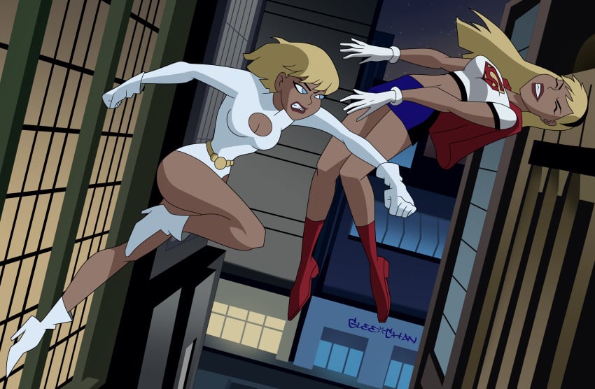 2girls blonde_hair blue_eyes breasts cartoon_network city closed_eyes dc dc_comics dcau galatea glee-chan justice_league_unlimited punch supergirl thick_thighs thunder_thighs toonami