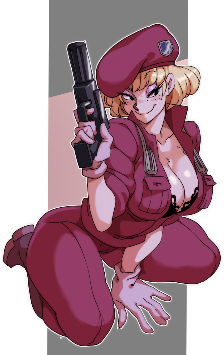 1girls 2021 big_breasts blonde_hair cleavage desert_rose freckles gloves gun irene_sanders large_breasts nisego seductive_look seductive_smile short_hair smile smiling smirk thick_thighs wide_hips