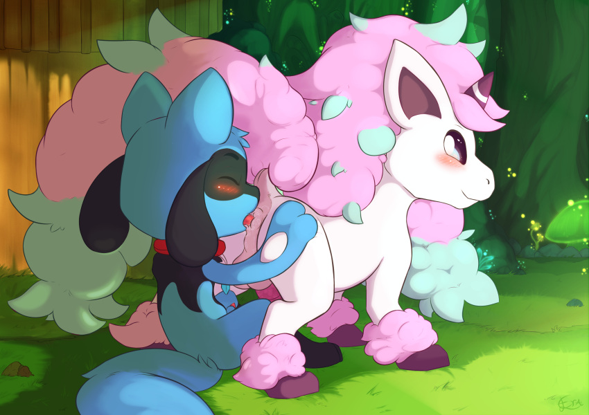 anal balls blue_body blush duo eraquis feral forest galarian_ponyta genitals hi_res male male/male nintendo oral outside plant pokémon_(species) pokemon ponyta rimming riolu sex tree video_games white_body