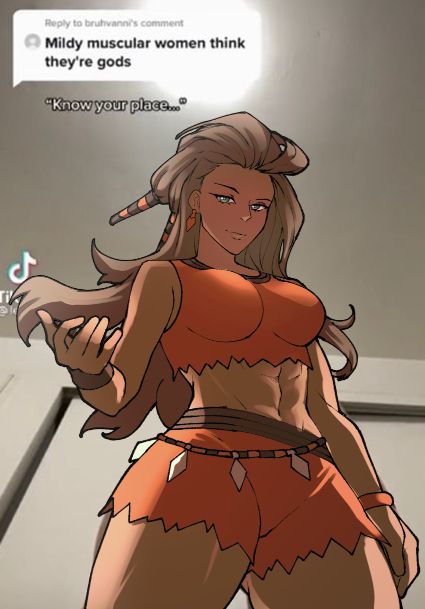 1girls abs ass_visible_through_thighs big_breasts bracelet bracelets breasts dark-skinned_female dark_skin earrings female green_eyes highres know_your_place long_hair meme mildly_muscular_woman muscular_female naughty_face photo_background pokemon pokemon_professor pokemon_sv professor_sada_(pokemon) rhymewithracy seductive_look seductive_smile short_shorts shorts smile thick_thighs tiktok