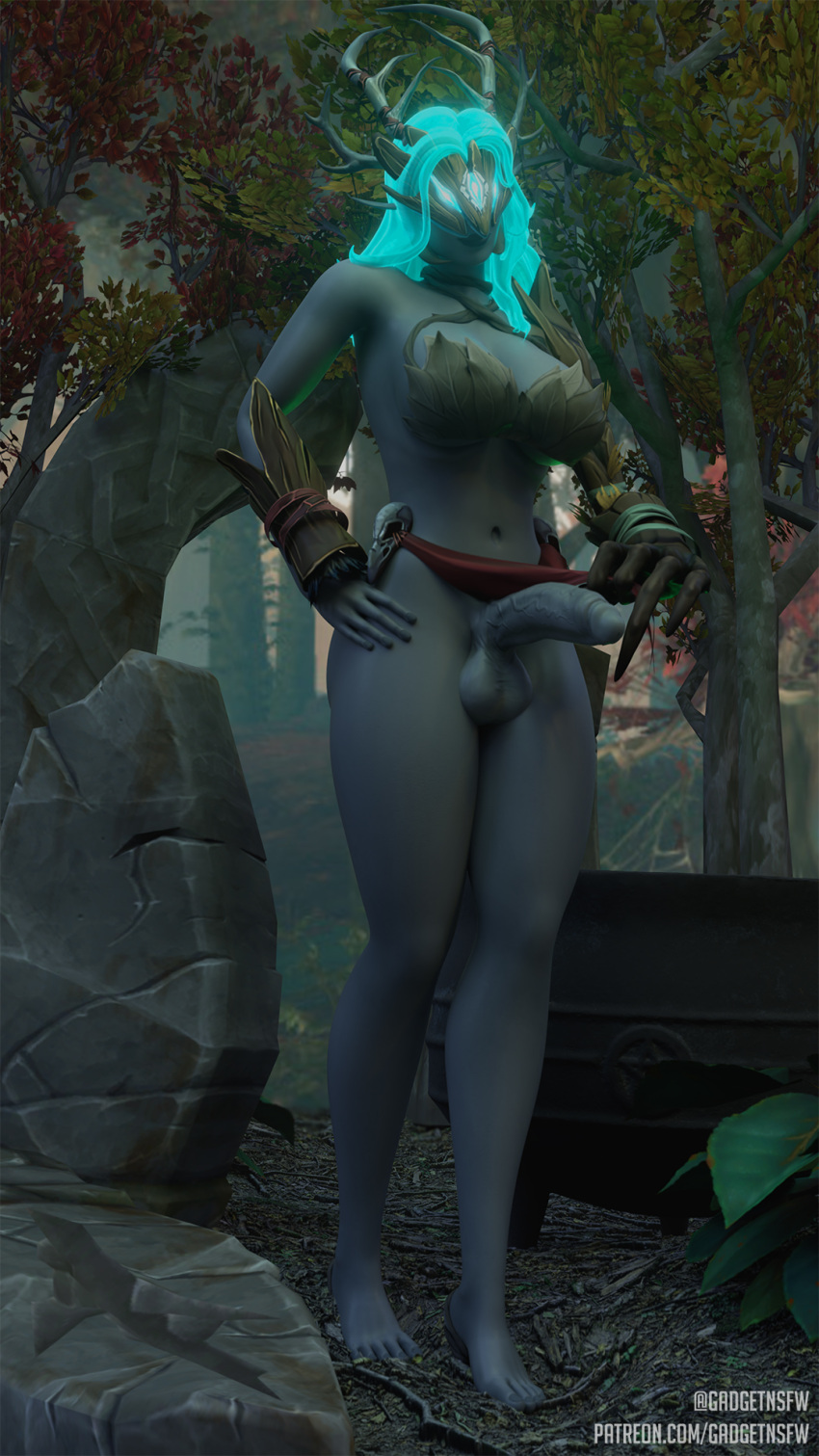 1futa 3d barefoot big_breasts big_penis black_lips black_lipstick dark_skin drustvar emerald_nightmare erection futa_only futanari gadgetzanauctionhouse glowing_hair grey_skin heels leaf leaf_bikini leaf_clothing magic mask solo the_drust void_corruption_(warcraft) world_of_warcraft wow