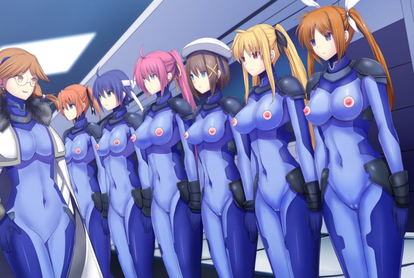 6+girls bandana blonde_hair blue_bodysuit blue_eyes blue_hair blush bodysuit braid breasts brown_hair cameltoe closed_mouth covered_navel daiaru earrings eyebrows_visible_through_hair fate_testarossa glasses green_eyes hair_ornament hair_ribbon hat hayate_yagami jewelry large_breasts long_hair looking_at_another lyrical_nanoha mahou_shoujo_lyrical_nanoha mahou_shoujo_lyrical_nanoha_strikers mind_control multiple_girls nanoha_takamachi nipple_cutout nipples no_bra no_panties numbers'_uniform numbers_(nanoha) open_mouth ponytail purple_hair quattro red_eyes ribbon shiny shiny_hair short_hair signum skin_tight smile standing subaru_nakajima teana_lanster twintails white_headwear x_hair_ornament