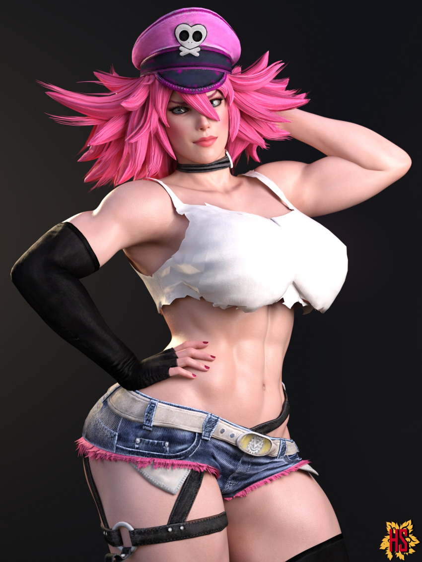 1girls 3d abs big_breasts blue_denim_shorts blue_eyes breasts busty capcom choker cutoff_shorts denim_shorts female female_only final_fight fingerless_gloves hagiwara_studio hat hourglass_figure long_hair looking_at_viewer midriff muscles muscular muscular_female navel one_glove pink_hair poison_(final_fight) revealing_shorts short_shorts solo solo_female standing street_fighter street_fighter_v tagme thick_thighs toned toned_female white_tank_top white_topwear wide_hips