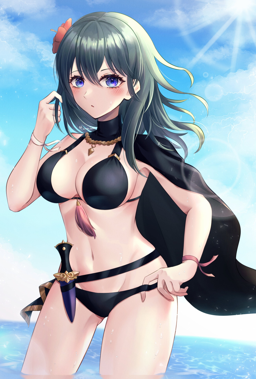 alternate_costume bikini black_bikini black_swimsuit breasts byleth_(fire_emblem) byleth_(fire_emblem)_(female) byleth_(summer)_(fire_emblem)_(female) female female_only fire_emblem fire_emblem:_three_houses fire_emblem_heroes looking_at_viewer nintendo official_alternate_costume outdoors reia_hana solo swimsuit