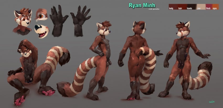 ailurid anthro arm_over_head ass balls black_arms black_balls black_body black_chest black_claws black_ears black_feet black_fur black_hands black_legs black_nose black_penis black_tail brown_arms brown_body brown_face brown_fur brown_hair brown_inner_ear_fluff brown_legs brown_stripes cheek_tuft chest_tuft claws color_swatch dipstick_tail facial_markings facial_tuft fangs flaccid foreskin front_view fur genitals glans glistening glistening_balls glistening_eyes glistening_genitalia glistening_nose glistening_pawpads gloves_(marking) grey_background hair hand_on_hip head_markings headshot_portrait humanoid_genitalia humanoid_penis inner_ear_fluff leg_markings male mammal markings multiple_poses narrowed_eyes navel nude open_mouth orange_eyes oselotti pawpads penis pink_glans plantigrade portrait pose rear_view red_panda red_pawpads red_tongue shadow short_hair side_view signature simple_background sitting smile socks_(marking) solo spread_legs spreading standing striped_body striped_fur striped_markings striped_tail stripes tail_markings tan_body tan_ears tan_face tan_fur tan_stripes tongue tuft