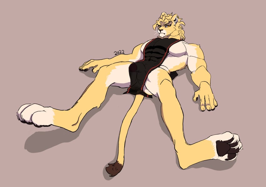 anthro boni_(artist) bulge clothed clothing dio_brando felid genital_outline genitals hi_res humanoid_genitalia humanoid_penis jojo's_bizarre_adventure lion male male_focus male_only mammal pantherine partially_clothed pawpads paws penis penis_outline solo solo_male stardust_crusaders