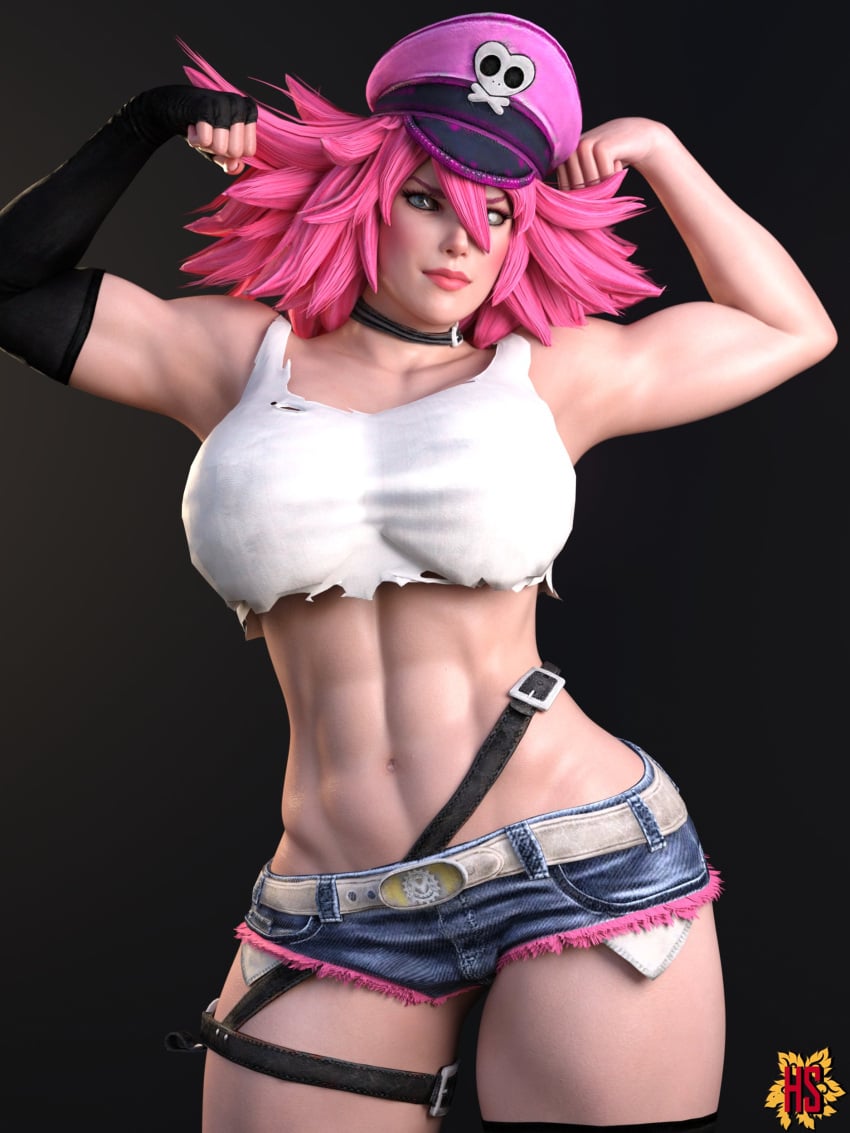 1girls 3d abs big_breasts blue_denim_shorts blue_eyes breasts busty capcom choker cutoff_shorts denim_shorts female female_only final_fight fingerless_gloves hagiwara_studio hat hourglass_figure long_hair looking_at_viewer midriff muscles muscular muscular_female navel one_glove pink_hair poison_(final_fight) revealing_shorts short_shorts solo solo_female standing street_fighter street_fighter_v tagme thick_thighs toned toned_female white_tank_top white_topwear wide_hips