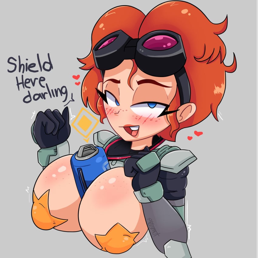 1girls apex_legends armor big_breasts blue_eyes blush english_text glasses glasses_on_head hearts horizon_(apex_legends) item_in_cleavage light-skinned_female light_skin looking_at_viewer orange_hair orange_pasties pasties r_bismut rbismut solo solo_female star_pasties talking_to_viewer text