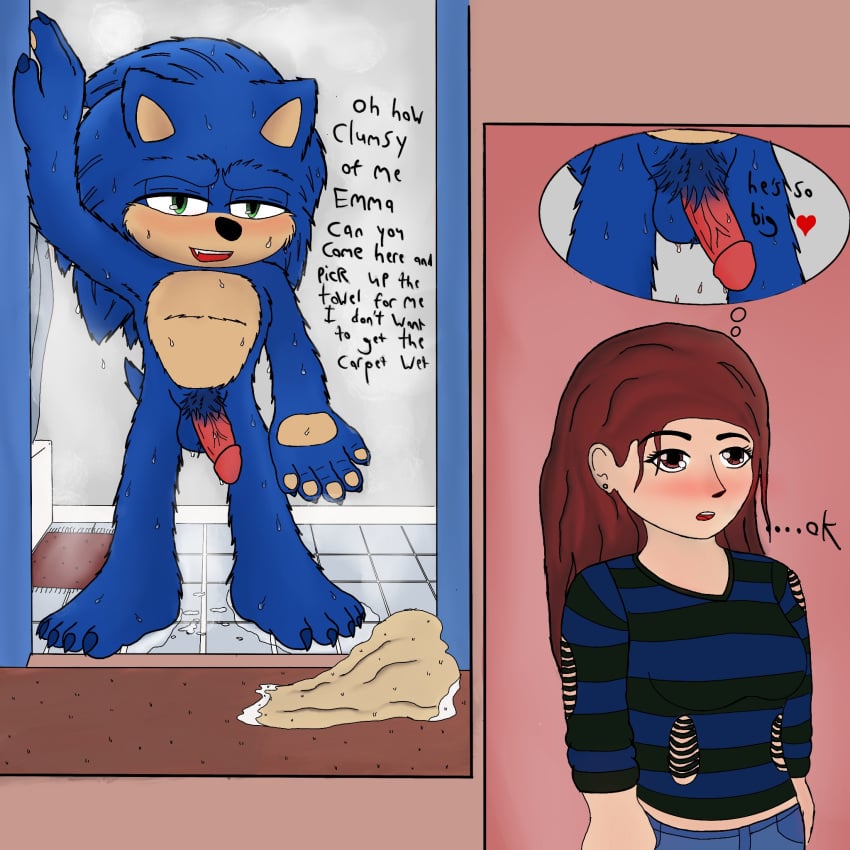 anthro balls emma_(disambiguation) eulipotyphlan female genitals hedgehog hedgehogblue02 hi_res hot_shower human humanoid_genitalia humanoid_penis interspecies male male/female mammal penis pubes sega sonic_(series) sonic_the_hedgehog sonic_the_hedgehog_(film) sonic_the_hedgehog_(series) steam towel vein veiny_penis water