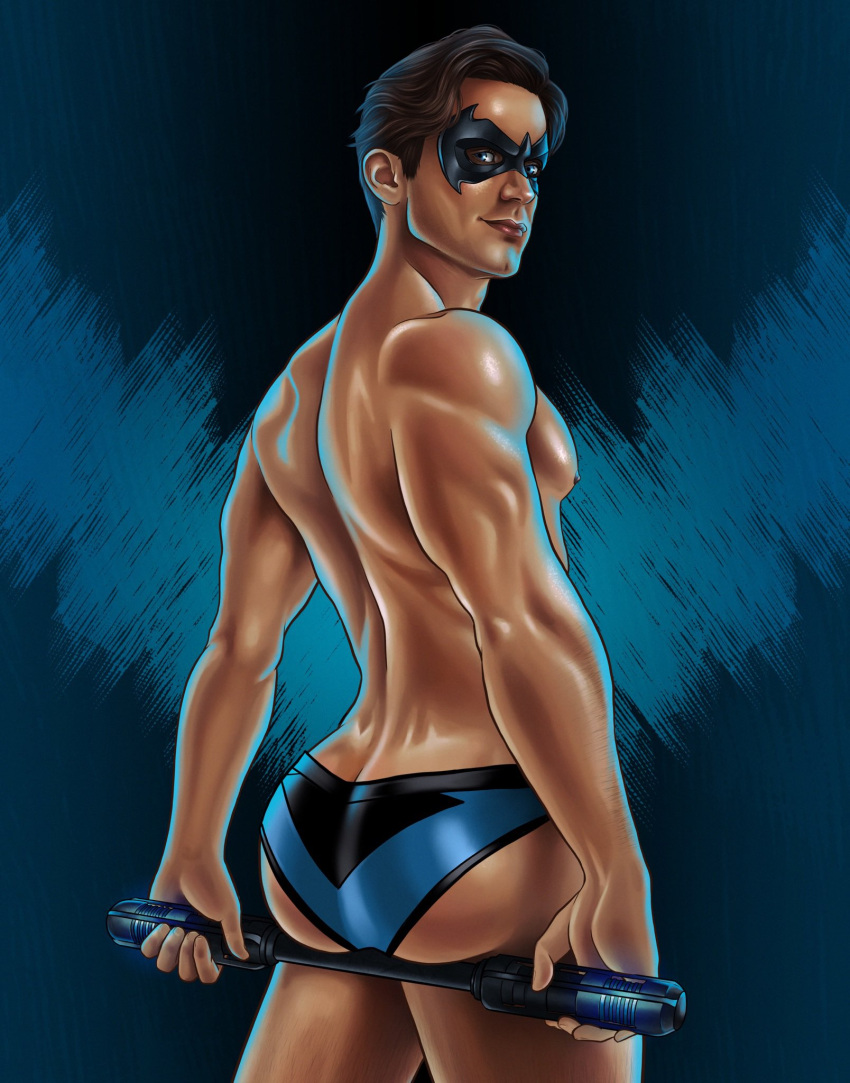 1boy actor ass back_muscles batman_(series) brenton_thwaites butt celebrity dc dc_comics dick_grayson in_character jgiampietro looking_at_viewer looking_back male male_only masked muscles muscular muscular_male nightwing solo staff teen_titans titans uncensored underwear yaoi