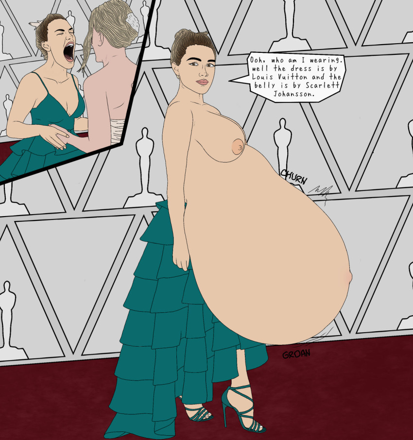 2girls actress belly big_belly breasts celebrity clothing dress english_text female female_only florence_pugh huge_belly large_breasts multiple_girls nipples oral_vore real_person same_size_vore scarlett_johansson stuffedbellygirl93 text vore vore_belly