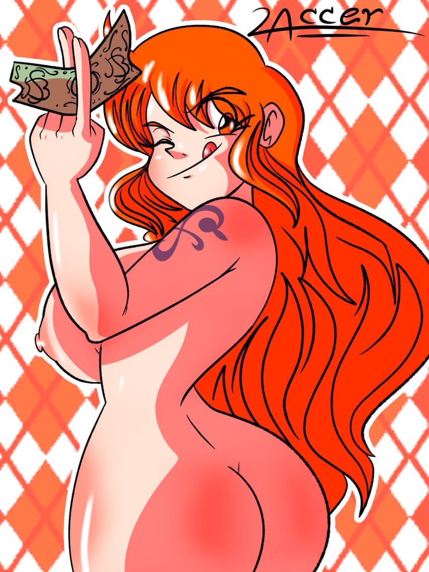 apple_butt artlaccer_(artist) big_ass big_breasts big_butt female female_only long_hair money nami one_eye_closed one_piece orange_hair sideboob tattoo tongue_out