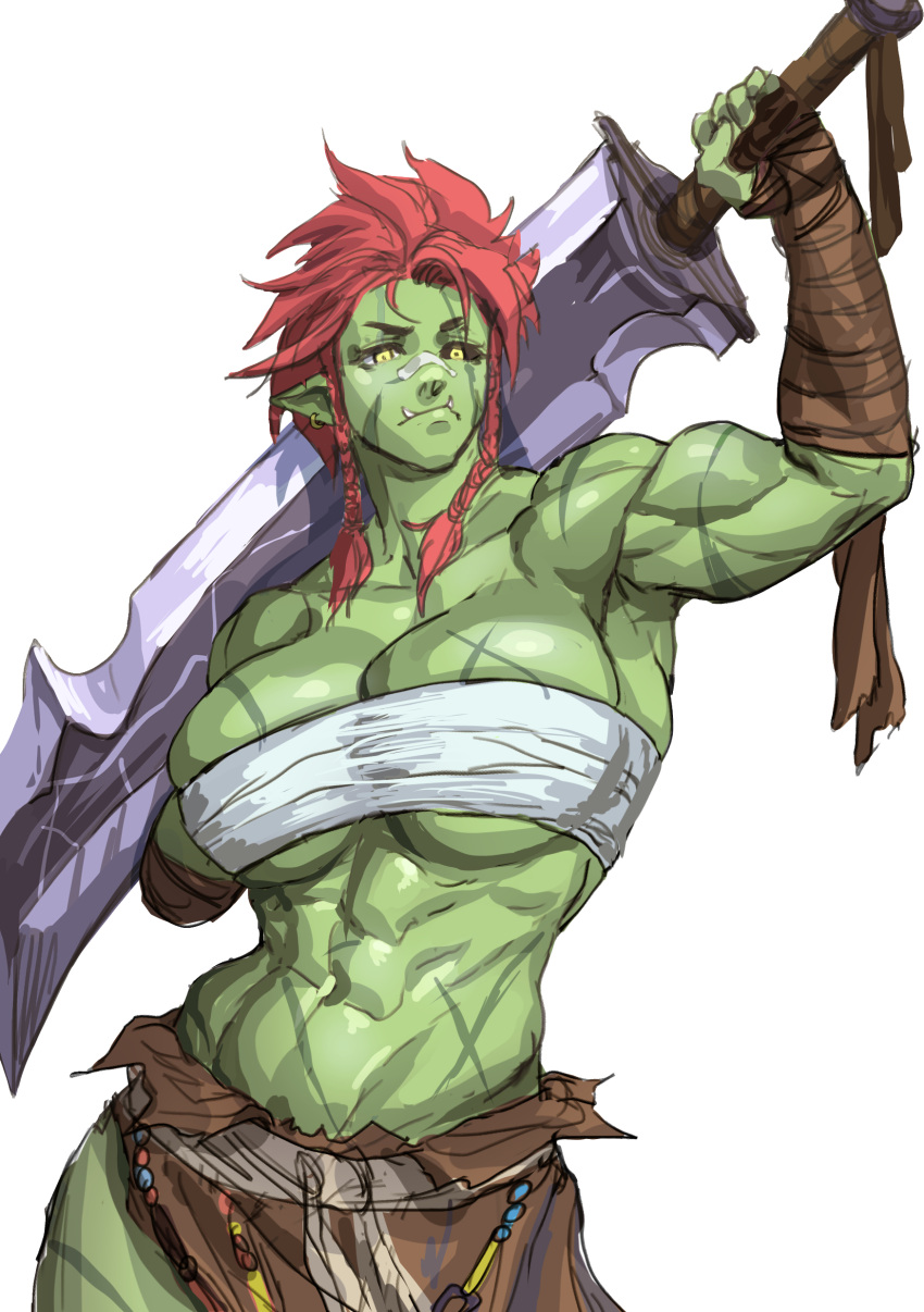 abs artist_request big_breasts cassandra_(virgoart1509) green_skin looking_at_viewer muscular muscular_female orc orc_female red_hair scar scars sword virgoart1509