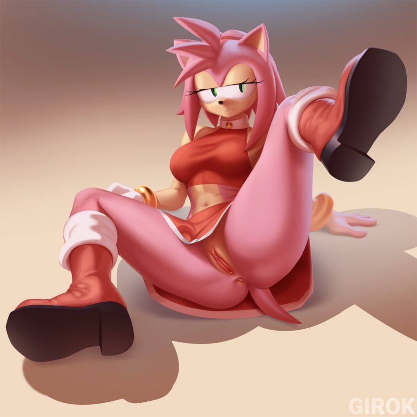 amy_rose anthro anus clothing eulipotyphlan female girok green_eyes hair hedgehog hi_res looking_at_viewer male mammal pink_body pink_hair pussy red_clothing sega solo solo_focus sonic_(series) sonic_the_hedgehog_(series) spread_legs uncensored