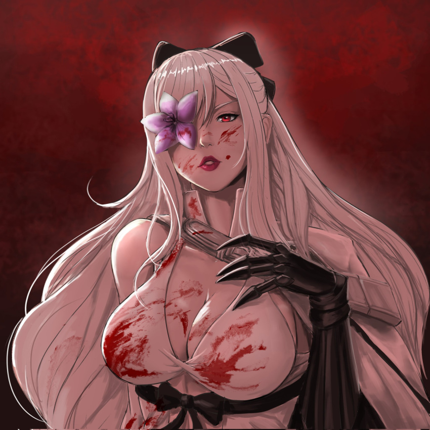 albino artificial_limb blood drag-on_dragoon drag-on_dragoon_3 drakengard drakengard_3 flower hair_ribbon large_breasts lipstick long_hair one_eye_obstructed pale_skin red_eyes square_enix ysrathor zero_(drag-on_dragoon) zero_(drakengard)