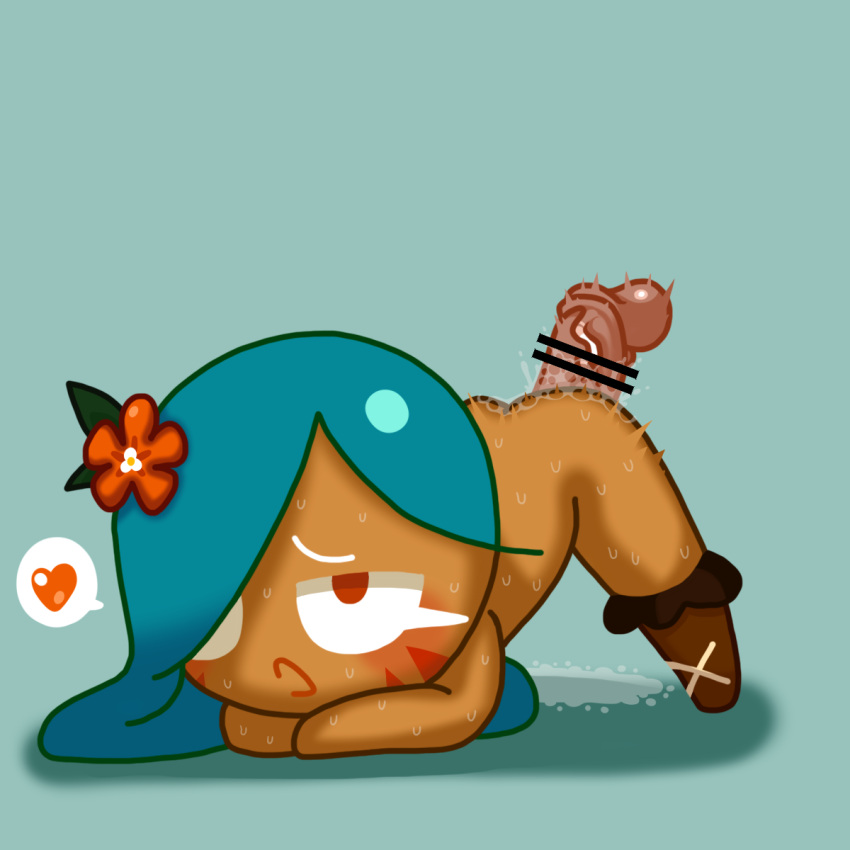 1boy 1girls ambiguous_penetration ass ass_up balls blue_hair blush bodily_fluids censored cookie_run disembodied_penis eyelashes eyes_rolling_back facepaint female female_focus flower flower_in_hair hair heart long_hair looking_pleasured lorennsfw male male/female mostly_nude nude on_front open_mouth orange_eyes penis sex shoes simple_background speech_bubble sweat tan_body tiger_lily_cookie