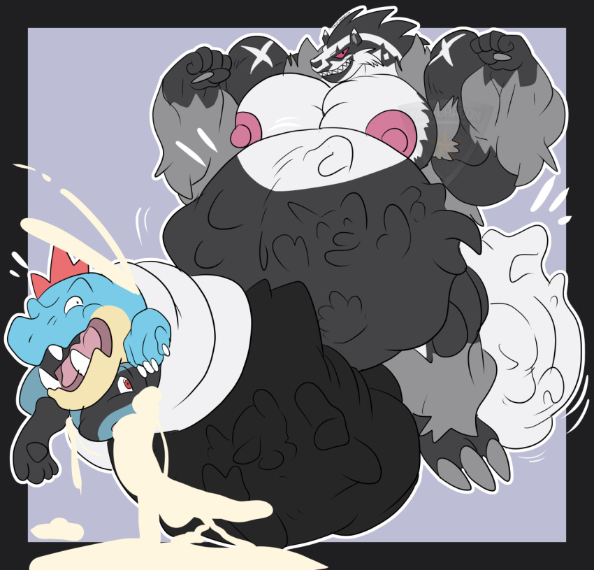 balls belly big_balls big_belly big_penis bodily_fluids cock_vore cum feraligatr flexing genital_fluids genitals hi_res huge_balls huge_cock hyper hyper_balls hyper_genitalia hyper_penis lucario male muscular nintendo nipples obstagoon oral_vore pecs penile penis pokemon pokemon_(species) same_size_vore stomach_bulge tankdragon video_games vore