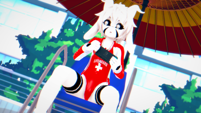 1boy 3d adult anthro artist_request asriel asriel_dreemurr asriel_dreemurr_(god_form) asriel_hyperdeath_adult bulge bulge_press crossdressing furry gaming highres humanoid lifeguard lifeguard_chair male male_only summer swimsuit swimwear tagme_(artist) text_on_clothes undertale undertale_(series) white_fur white_hair