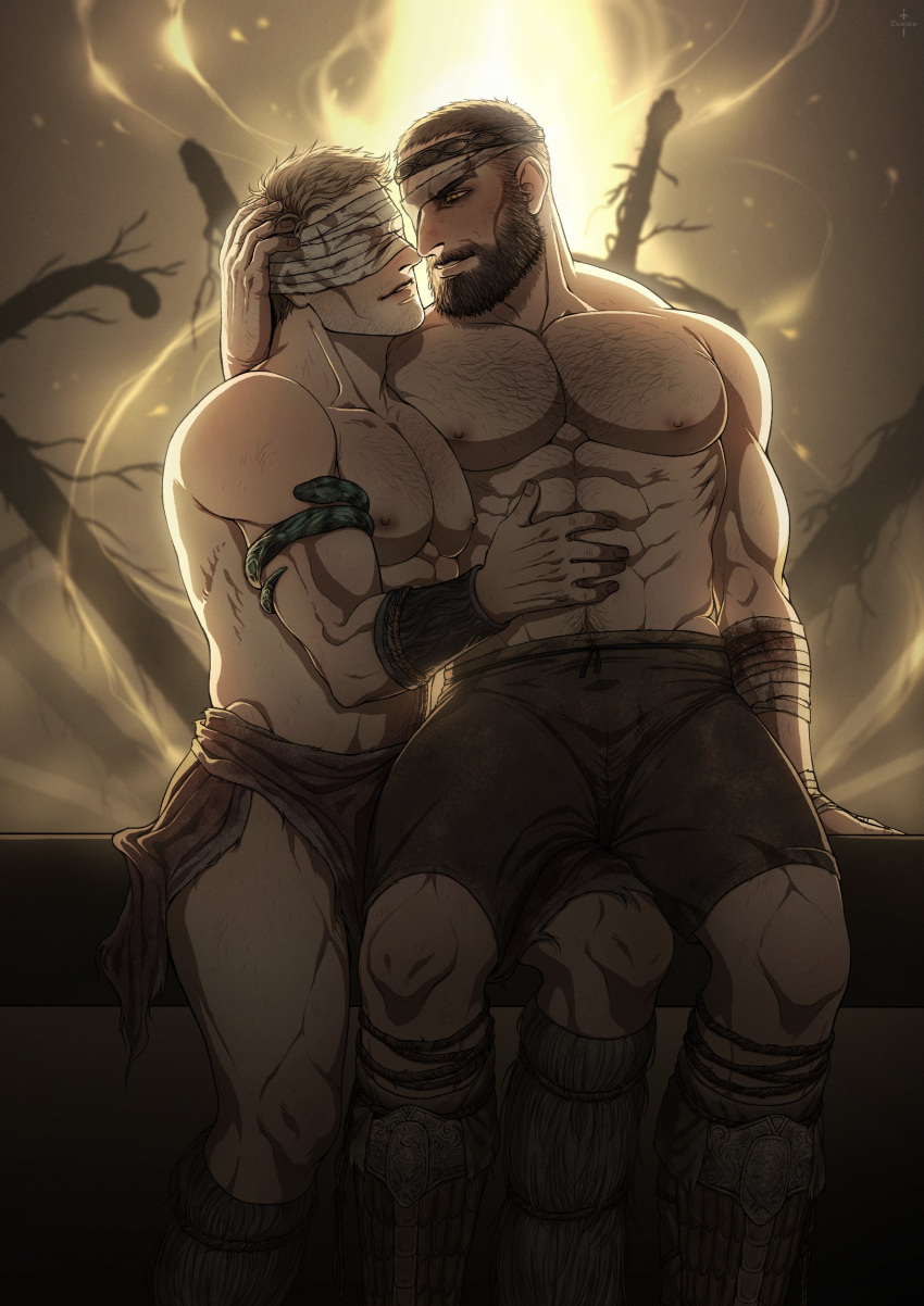 2boys bandage bara damien_v_grimm elden_ring fromsoftware hugging male male_only muscular_male tarnished