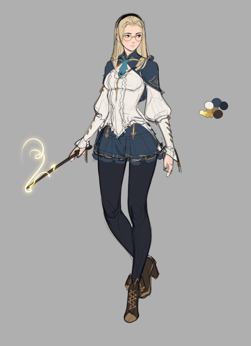 1girls blonde_hair breasts catherine_(tarakanovich) clothed clothing color female female_only fully_clothed glasses high_heels human light_skin long_hair magic_wand mistveil original original_character petite school_uniform sketch skirt solo stockings tarakanovich wizard